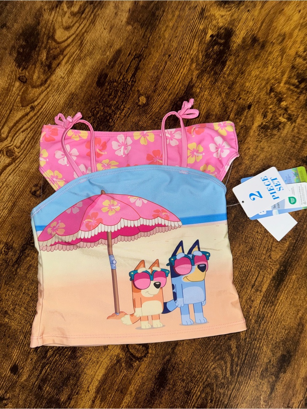 Girls Pink & Blue Beach Tankini Top with bluey & bingo